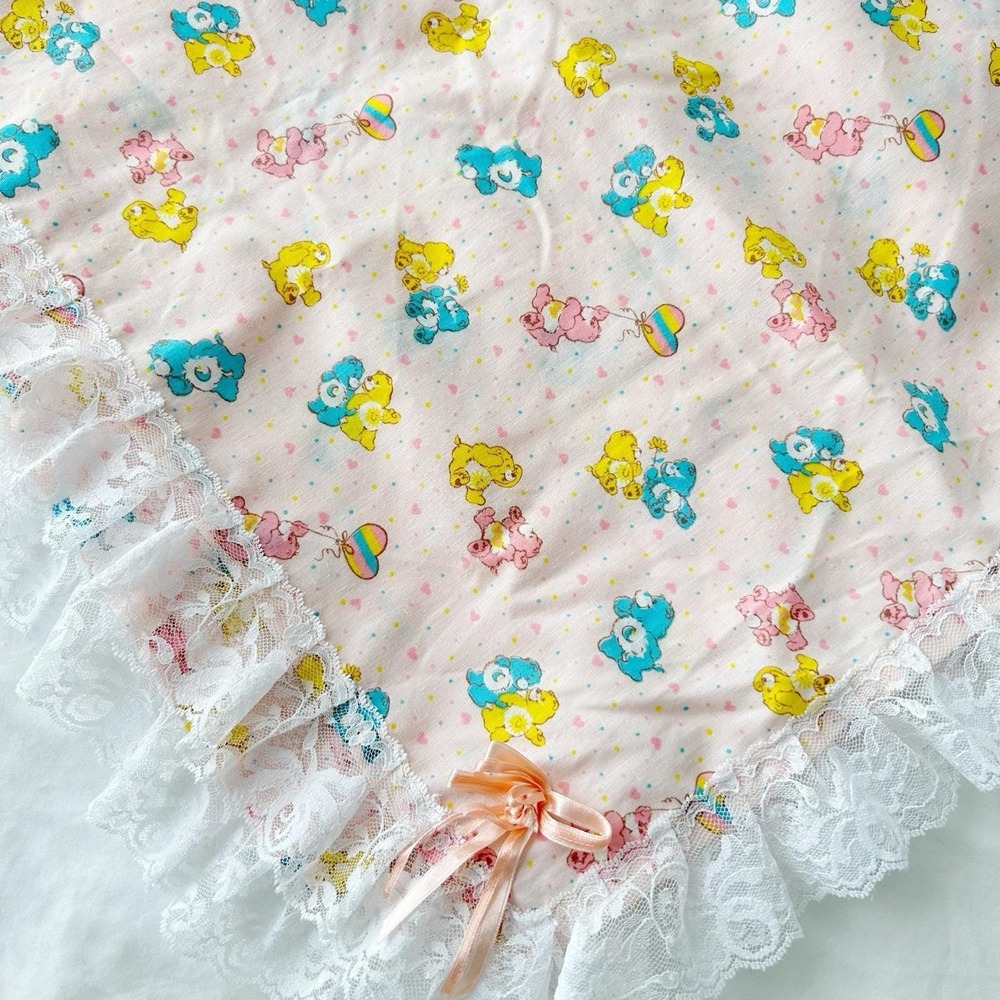 Vintage Care Bears Baby Blanket Lace Trim Handmade Summer Weight 41x48" Pink - Picture 1 of 2
